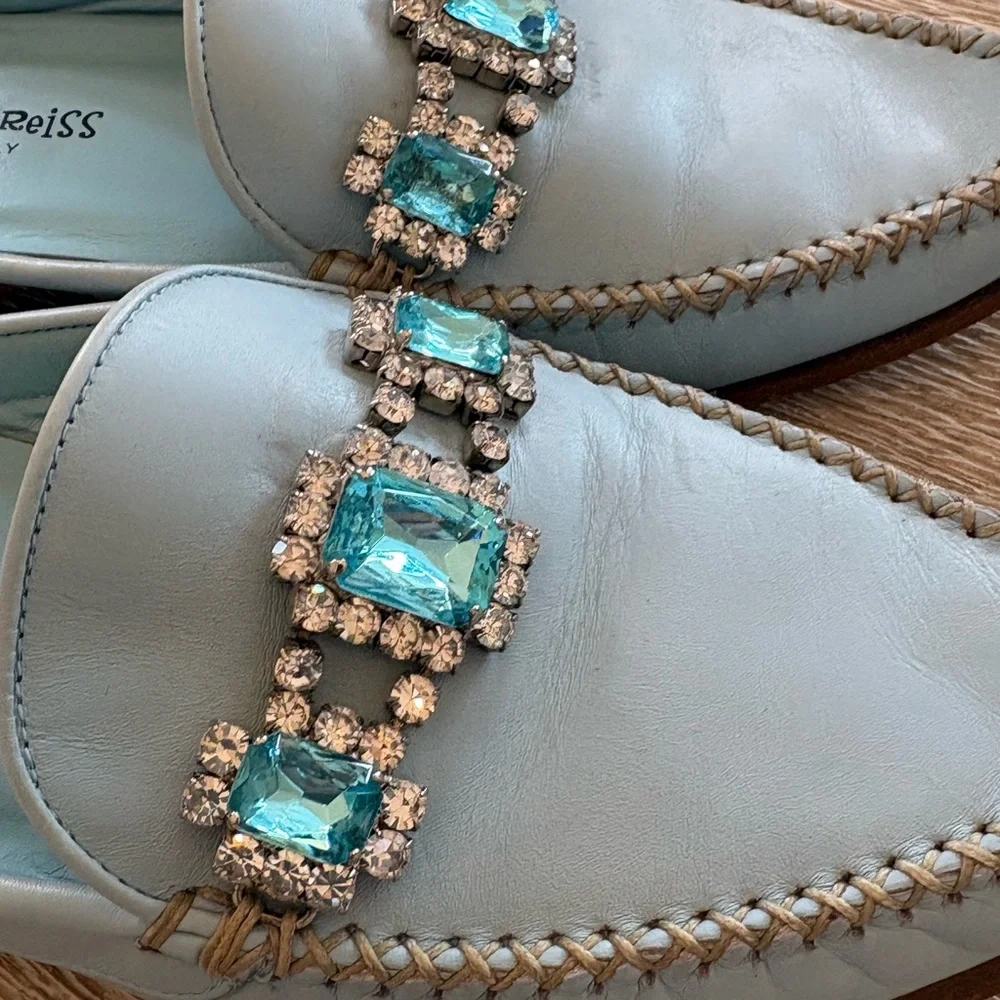 Designer Lauretta Reiss Leather Jewel Mules Loafers - Picture 8 of 9
